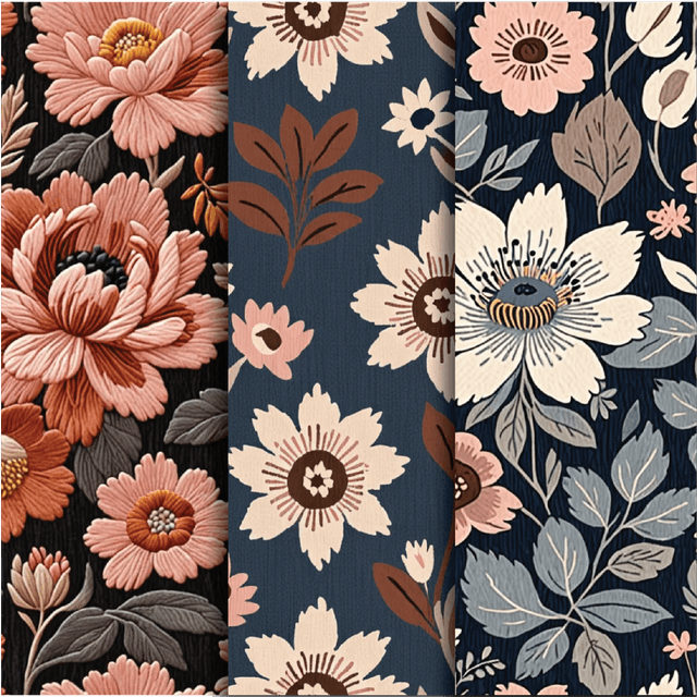 The Autumn Folk Florals Collection celebrates the soulful richness of autumn through a curated selection of folk-inspired floral patterns. From tapestry-style bouquets and heirloom repeats to painterly petals in scarlet, cocoa, and blush, each design evokes the warmth and mystery of the season. Dark, velvety grounds and hand-brushed textures nod to traditional textiles, aged embroidery, and folkloric craft. Perfect for moody packaging, autumn apparel, cosy homeware, and any project seeking a touch of seasonal storytelling with heritage charm.
Standard Resolution Specs:
12 seamless patterns generated with PatternedAI
PNG format
File Size: 19,9 MB
Dimensions: 1024 x 1024 px / 3,4 × 3,4 in / 8,7 × 8,7 cm
DPI: 300
(Recommended for small scale digital assets)
High Resolution Specs:
12 seamless patterns generated with PatternedAI
PNG format
File Size: 206.7 MB
Dimensions: 4096 x 4096 px / 13,6 × 13,6 in / 34 × 34 cm
DPI: 300
(Recommended for printing on fabric, products, wallpaper and packaging)