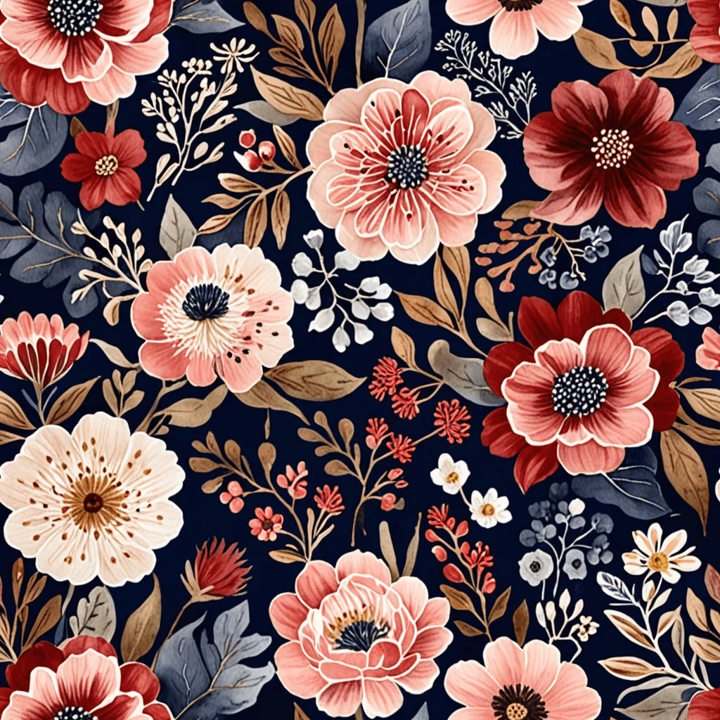 Dark-grounded bouquets in navy, scarlet, and blush repeat in small clusters. The florals are layered with detail, offering a dense and moody garden look perfect for autumn opulence.