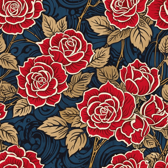 Timeless Japanese woodblock aesthetic characterized by flowing lines, rich textures, and vibrant but harmonious colors, capturing the essence of traditional craftsmanship, featuring red roses