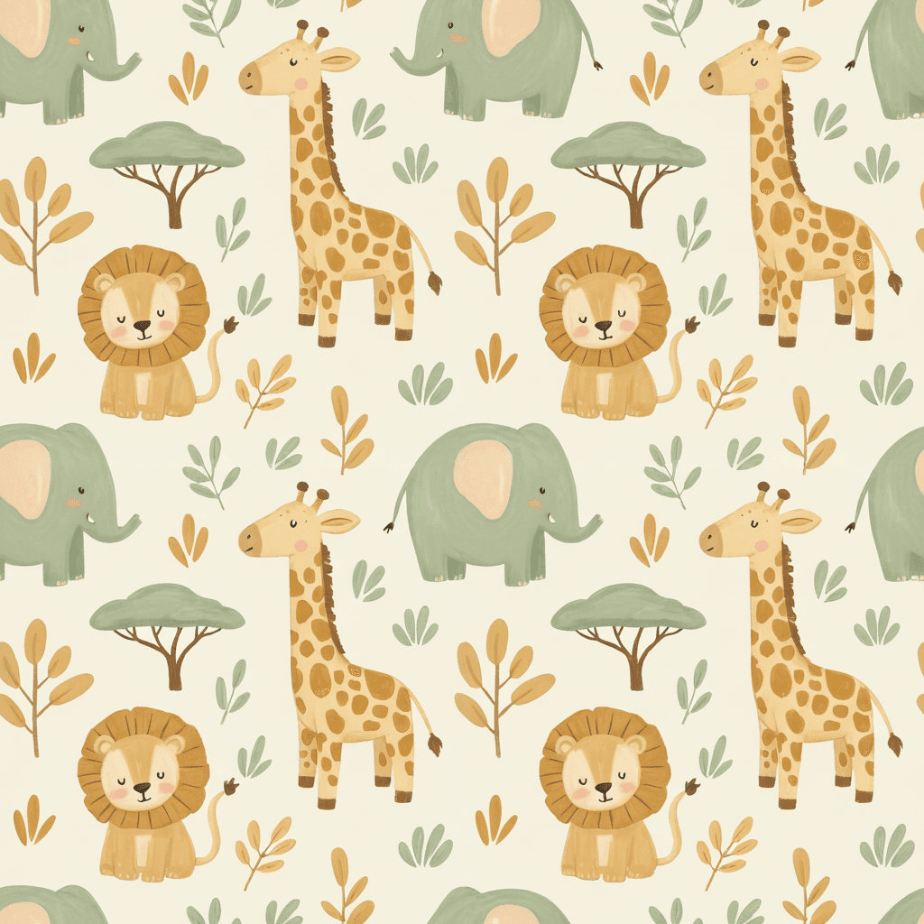 Sweet safari baby animal pattern with giraffes, elephants, and lions in soft earthy tones of sand, muted ochre, sage, and cream. The animals should be cute and gently stylized for nursery wallpaper.