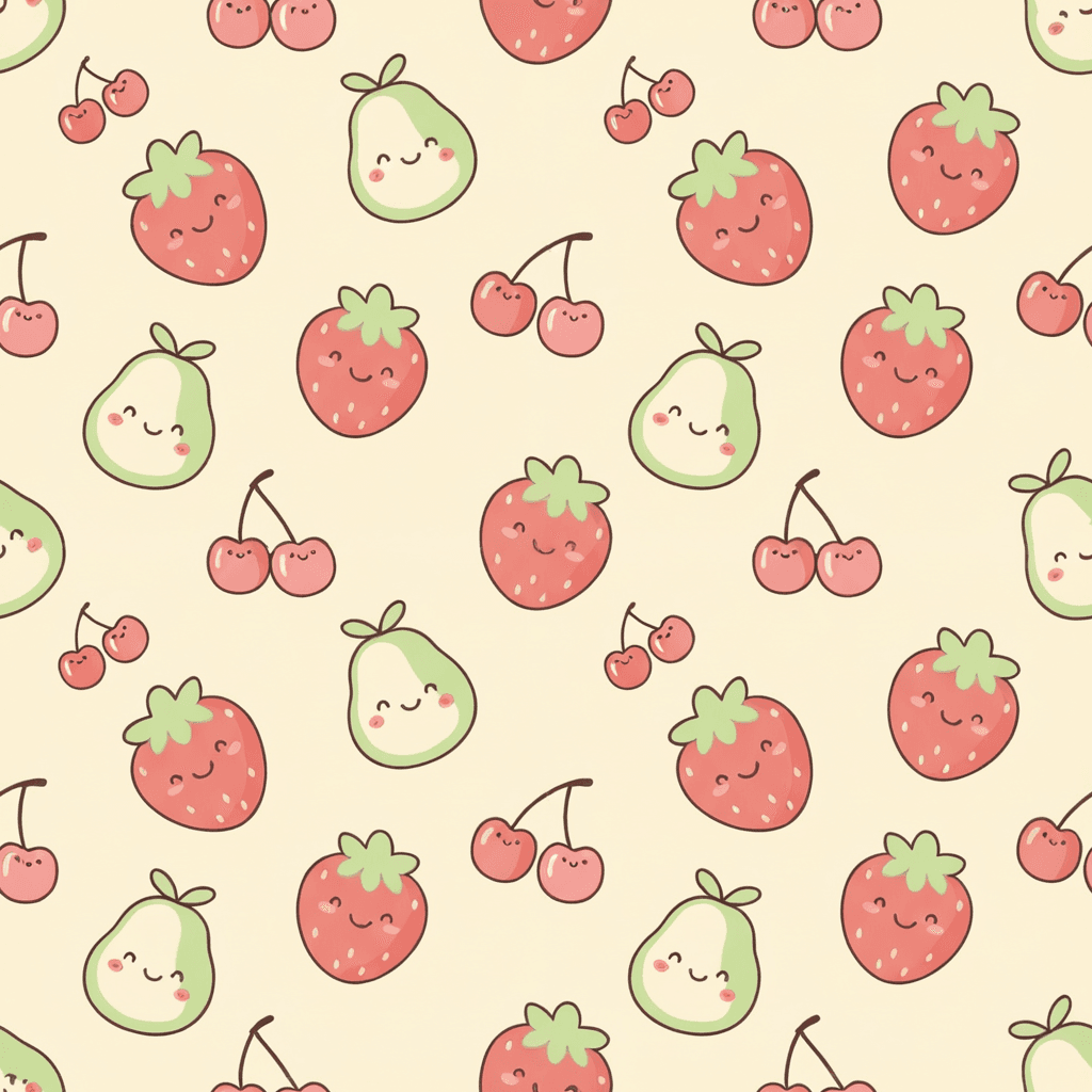 Cute fruit pattern with smiling strawberries, pears, and cherries in pastel pink, pale green, soft red, and cream. The fruits should be rounded and playful for bibs and baby clothing.