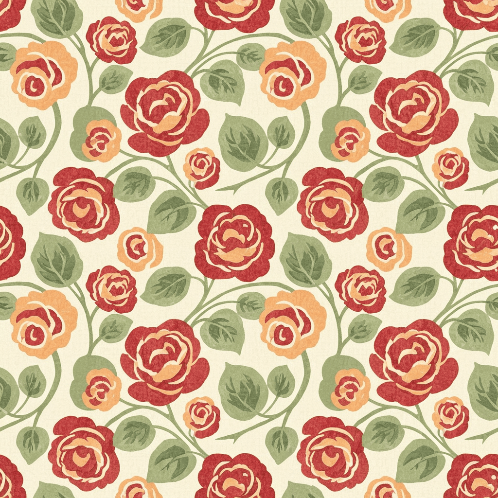 Classic retro rose pattern with repeating spiral blooms and rounded leaves in faded crimson, peach, sage, and cream. The flowers should have a softly distressed look, reminiscent of old upholstery fabrics.