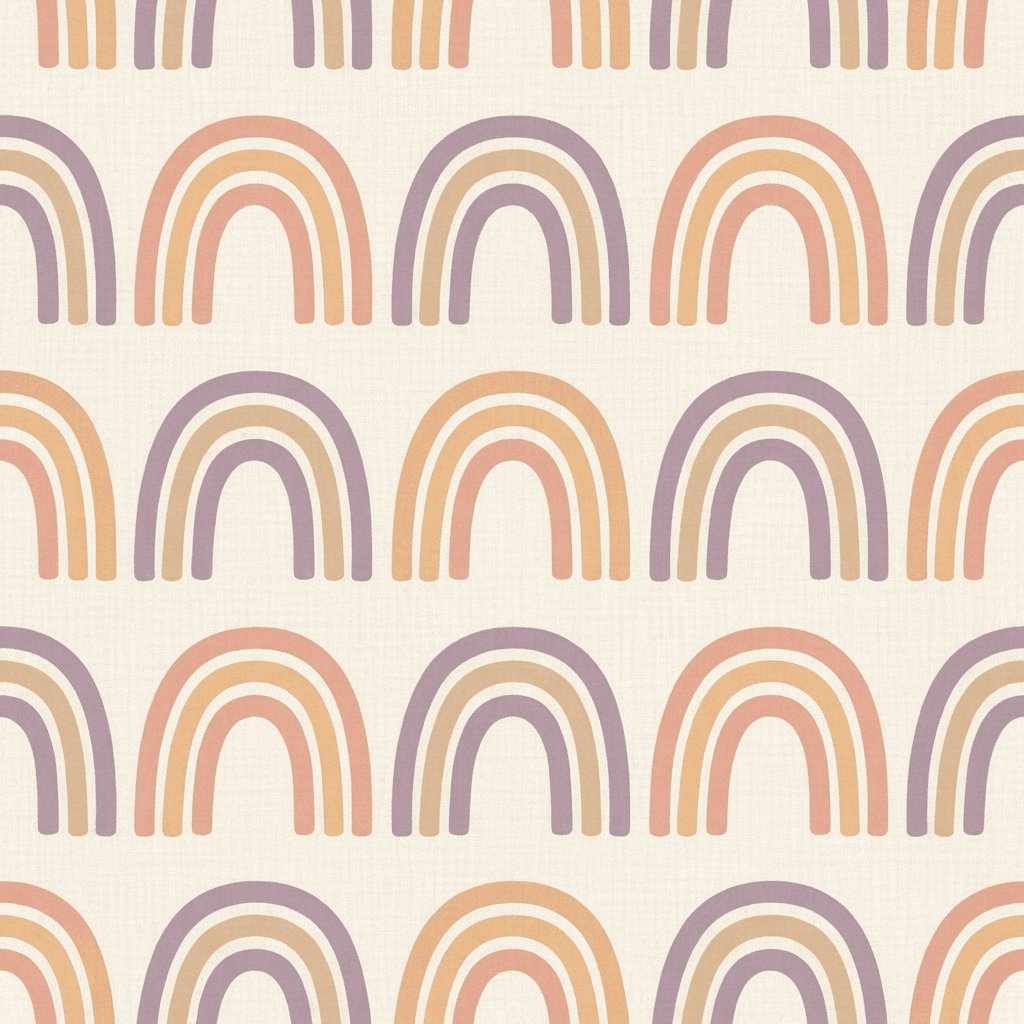 Minimalist rainbow pattern with repeating soft arches in blush pink, pale peach, dusty lavender, and warm beige on an ivory background. The rainbows should feel simple, modern, and Scandinavian-inspired.