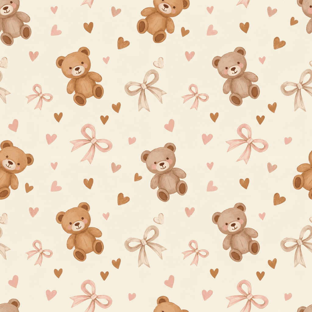Cute teddy bear seamless pattern with small plush bears, bows, and tiny hearts in warm caramel, dusty beige, soft pink, and ivory. The design should feel cozy, sweet, and perfect for baby blankets.