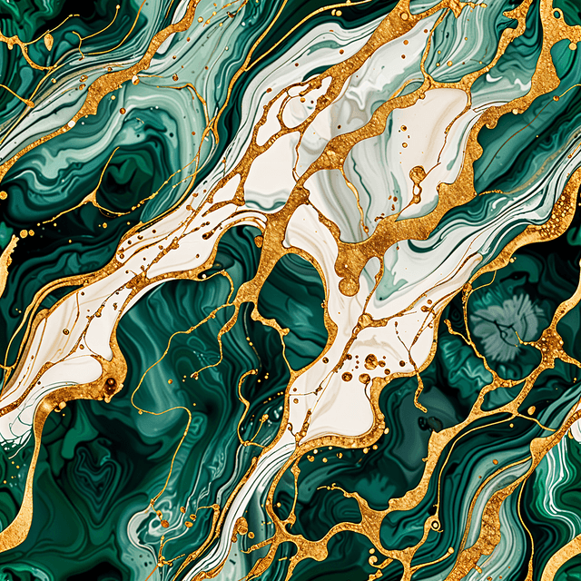 Flowing marble patterns combine deep emerald, gold veining, and creamy ivory, capturing the luxurious effect of natural stone.