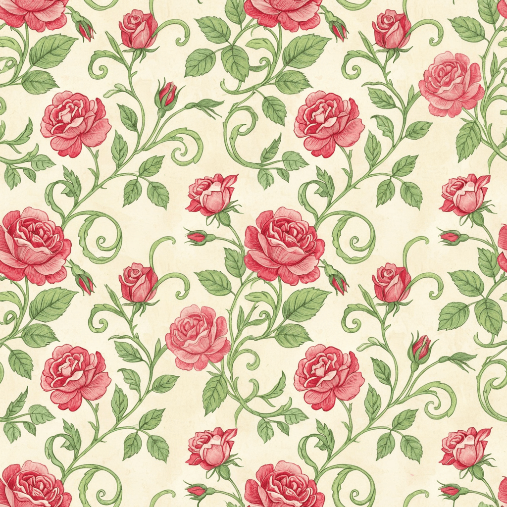 Vintage floral sketch pattern with blooming roses, buds, and trailing vines drawn in coloured pencil and lightly tinted with watercolor. The palette should include faded crimson, antique pink, and moss green, arranged in a harmonious, repeating composition.