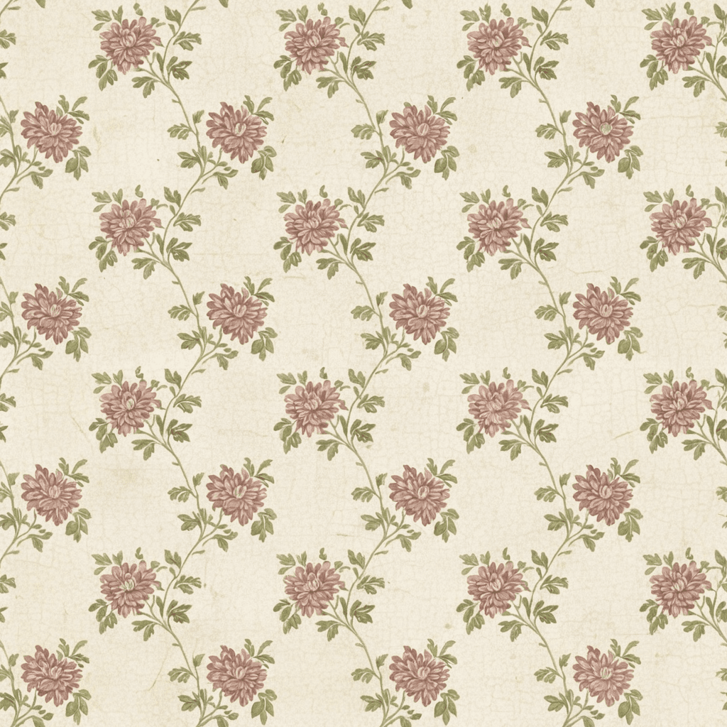 Cottage vintage floral pattern with small repeating chrysanthemums and leafy sprigs in faded mauve, dusty rose, moss green, and soft beige. The texture should resemble aged wallpaper with a delicate nostalgic charm.