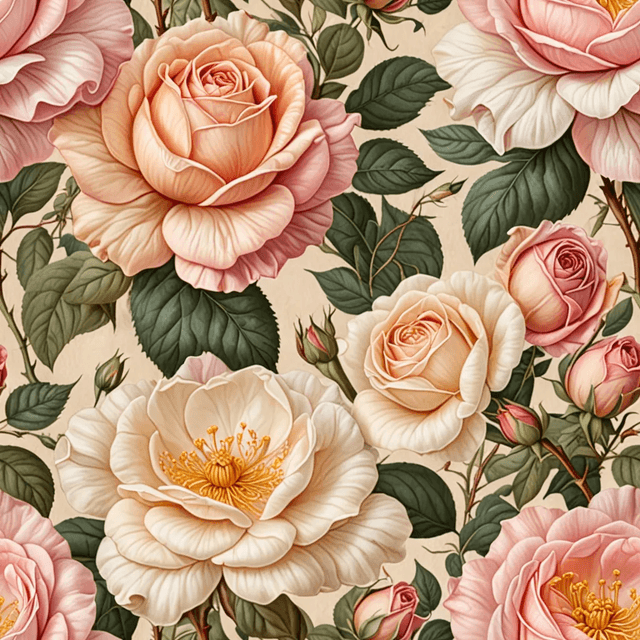 Create a seamless pattern inspired by Victorian botanical illustrations, featuring tea roses in soft pastel shades of pink, peach, and ivory. The roses should be highly detailed with delicate shading, set against a parchment or faded cream background for an antique, romantic feel.