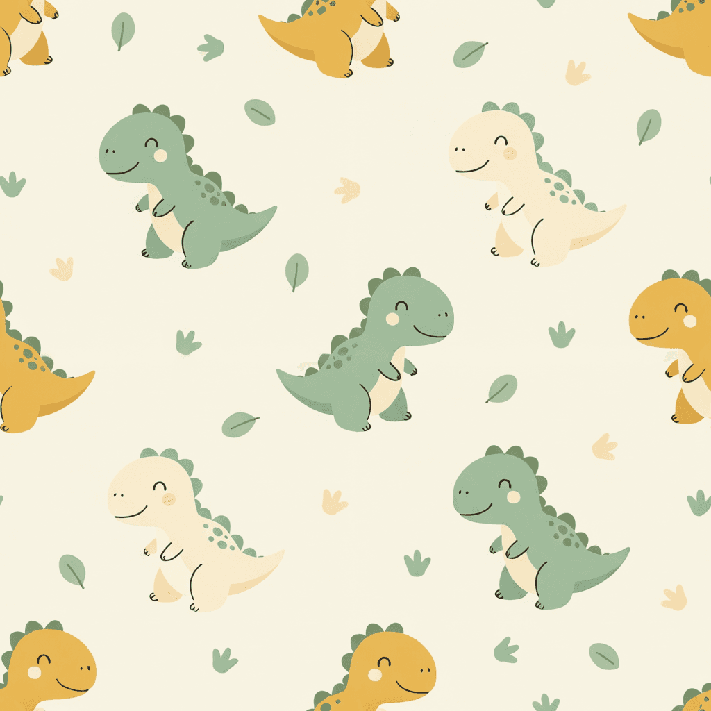 Playful baby dinosaur pattern featuring smiling dinos, little footprints, and simple leaves in sage green, dusty mint, soft mustard, and cream. The style should be friendly and rounded for baby apparel and nursery fabrics