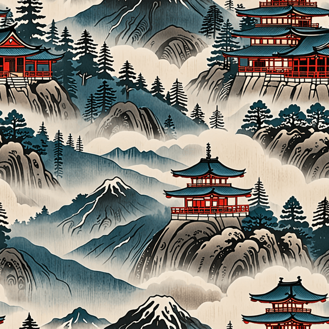 Timeless Japanese woodblock aesthetic characterized by flowing lines, rich textures, and vibrant but harmonious colors, capturing the essence of traditional craftsmanship, illustrating a serene mountain landscape with mist-covered peaks, ancient temples, and winding rivers.