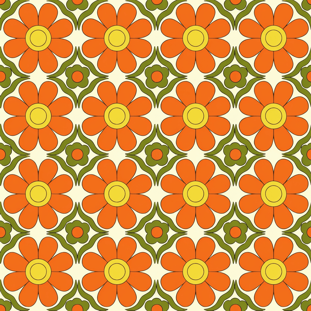 1960s mod floral pattern featuring large flat-petal flowers with bold circular centers in bright orange, lemon yellow, olive green, and cream. The arrangement should be rhythmic and highly decorative with a cheerful retro energy.