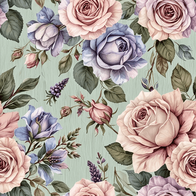 Generate a soft, vintage-style pattern inspired by French country decor. Include light pink and dusty blue roses, pale sage leaves, and scattered sprigs of lavender. Use a soft linen-coloured background and a slightly faded watercolour effect for a chic, rustic charm.