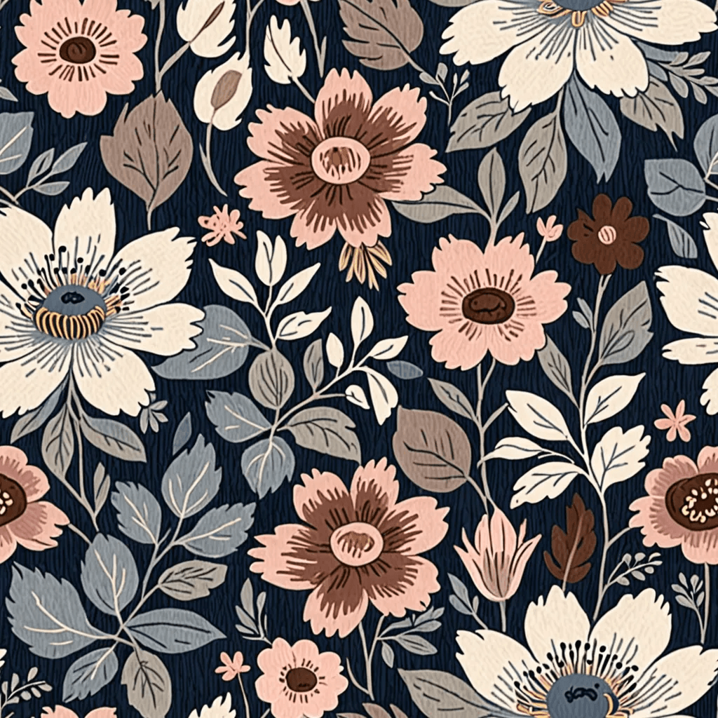 Tapestry-style florals in muted indigo, dusky pink, and dark brown form symmetrical bouquets across a warm slate canvas. The pattern is rich and historic, like old woven linen.