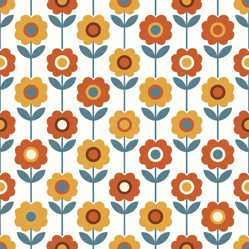 Scandinavian vintage flower pattern with simple geometric petals and clean symmetrical stems in terracotta, mustard, dusty blue, and warm ivory. The layout should feel minimal yet cozy, inspired by retro home decor prints.
