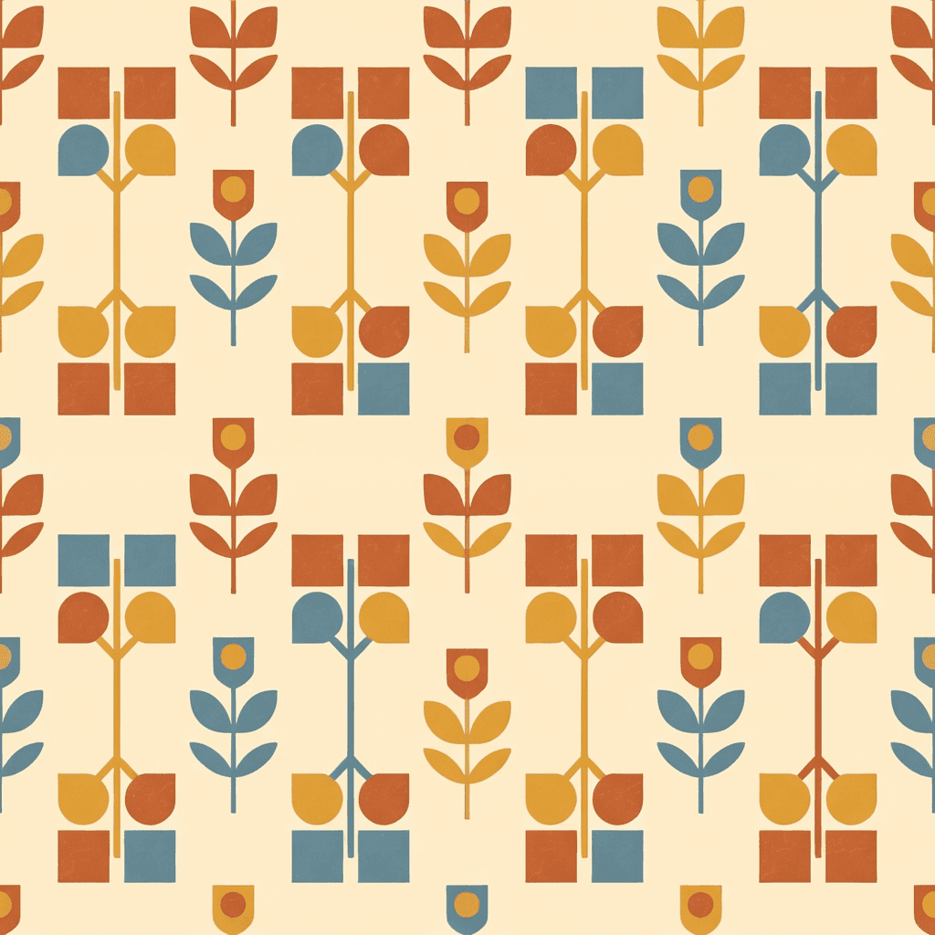 Scandinavian vintage flower pattern with simple geometric petals and clean symmetrical stems in terracotta, mustard, dusty blue, and warm ivory. The layout should feel minimal yet cozy, inspired by retro home decor prints.