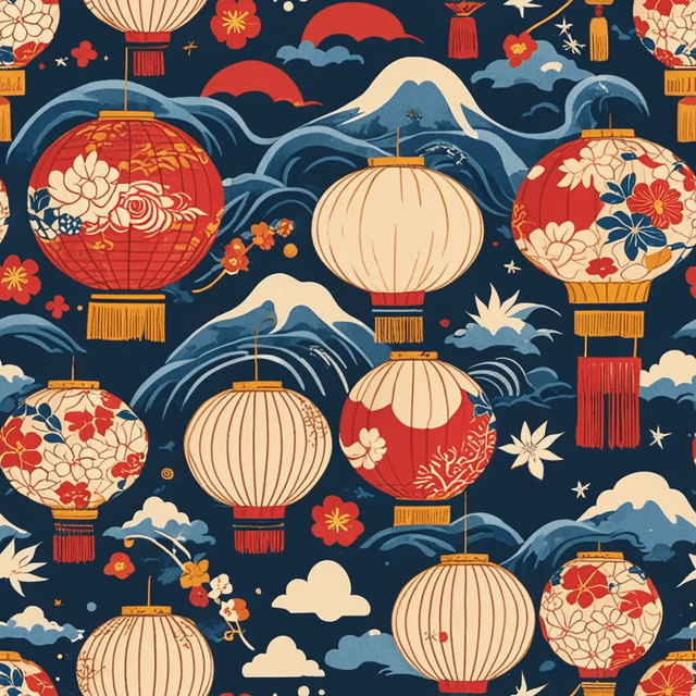 Design a lively seamless pattern featuring Japanese summer festival (matsuri) icons such as paper lanterns, fans, fireworks, and traditional sweets like dango or taiyaki. Use vibrant colours and a playful, clean vector style for a festive and joyful atmosphere.