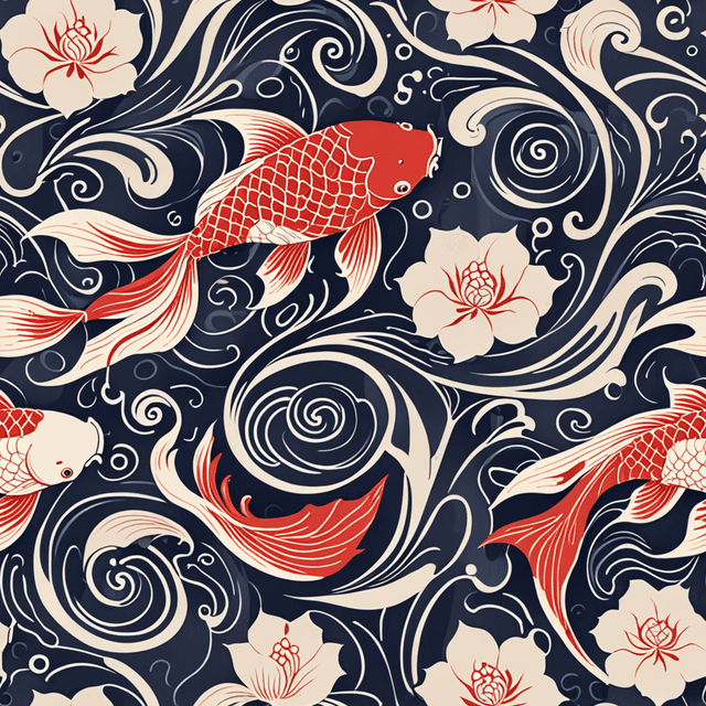 Minimalist style Koi fish swimming in swirling water patterns, drawn in Japanese ink style with coral red, navy, and ivory. Mood: serene and balanced., with simple geometric forms, subtle contrast, and plenty of negative space. Clean and modern, arranged in a refined and elegant repeat pattern.
