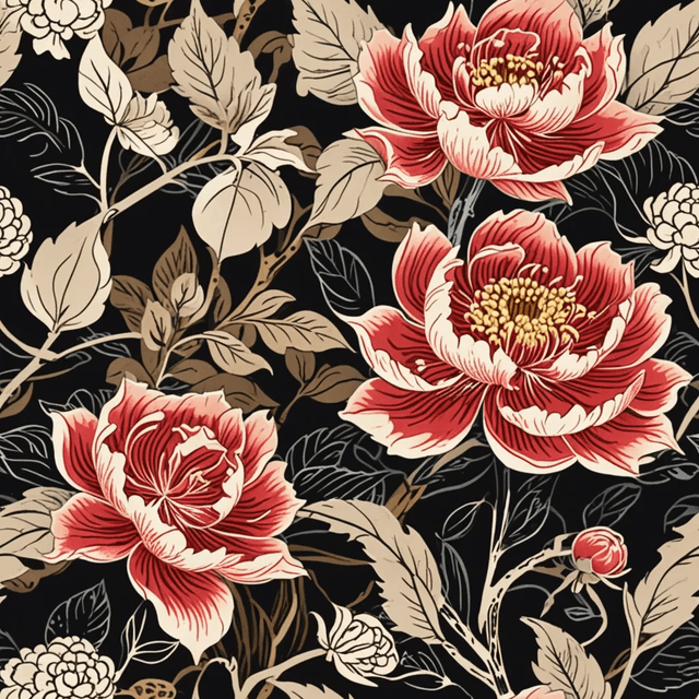 Generate a monochromatic seamless pattern using bold sumi-e ink strokes. Include peonies and swirling wind elements. The style should be expressive and spontaneous, combining strength and elegance in a dramatic black-and-white aesthetic.