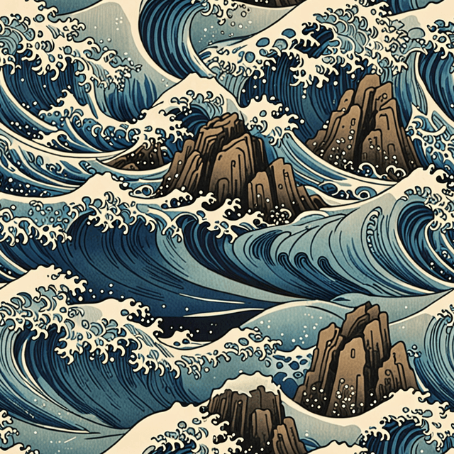 Timeless Japanese woodblock aesthetic characterized by flowing lines, rich textures, and vibrant but harmonious colors, capturing the essence of traditional craftsmanship, featuring majestic ocean waves crash against rocky cliffs with swirling foam and mist in a dramatic coastal setting.