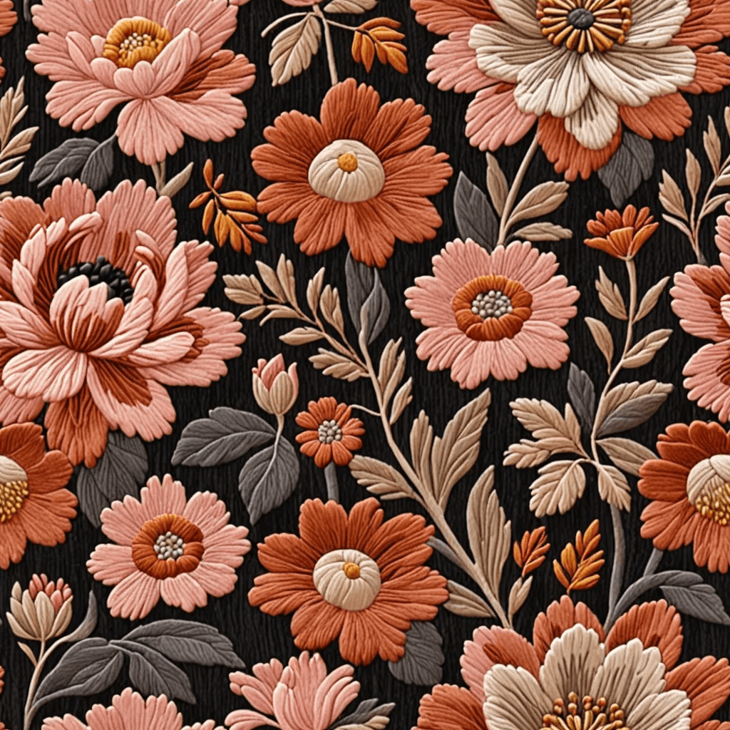 Florals in clay, rust, and deep blush sit closely packed against a charcoal ground. The composition is rich and textured, reminiscent of embroidered tapestries or aged fabric prints.