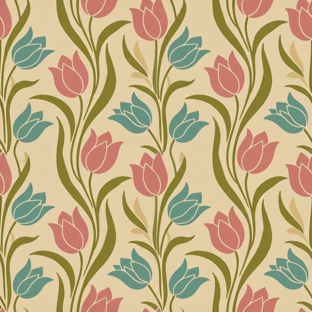 Mid-century retro flower pattern with stylized tulip blooms and curved stems in dusty pink, olive green, muted teal, and warm beige. The composition should feel balanced and decorative, with a slightly faded printed texture.