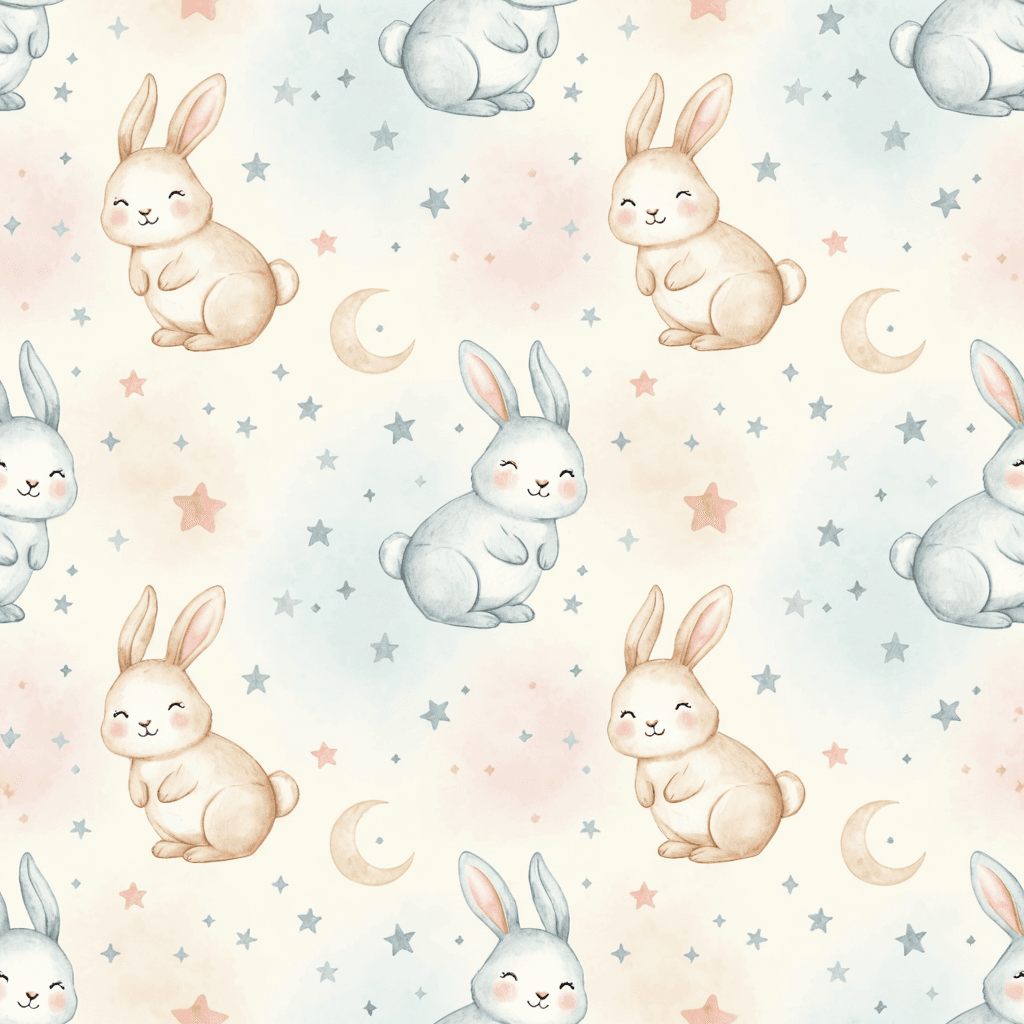 Soft baby animal pattern featuring bunnies, tiny moons, and scattered stars in a pastel palette of cream, baby blue, blush pink, and soft beige. The elements should be evenly spaced with a gentle watercolor texture for a soothing nursery feel.