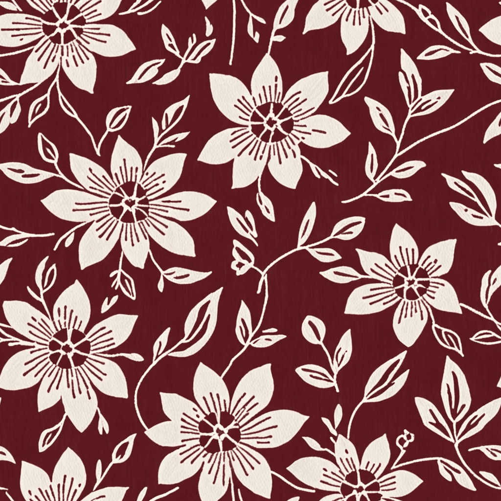 Small floral repeats in muted wine and off-white dance over a warm espresso base. Each bloom is finely drawn, giving the pattern a timeless, heirloom look with folk embroidery charm.