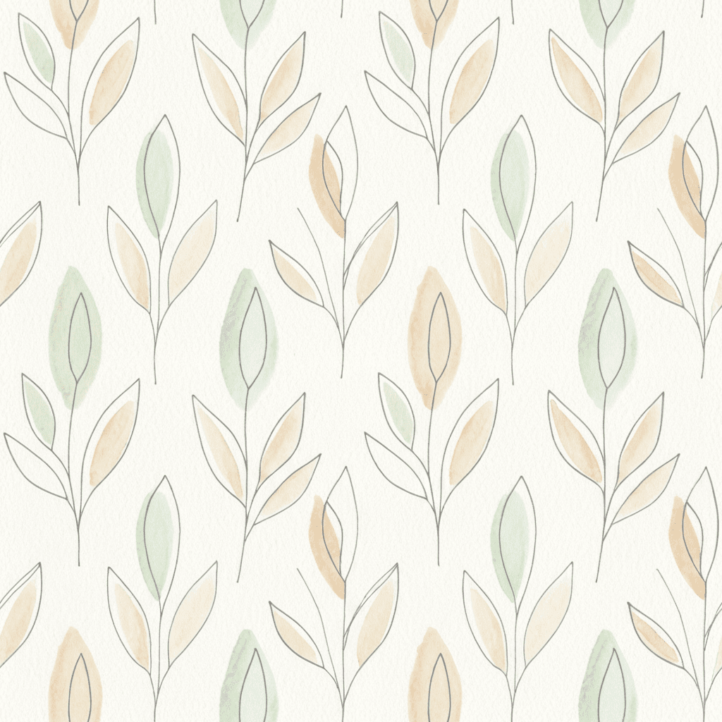 Minimalist botanical line pattern with simple leaf silhouettes drawn in fine graphite lines and lightly accented with translucent watercolor in pale green and beige. The spacing should be clean and modern while retaining a hand-drawn charm.