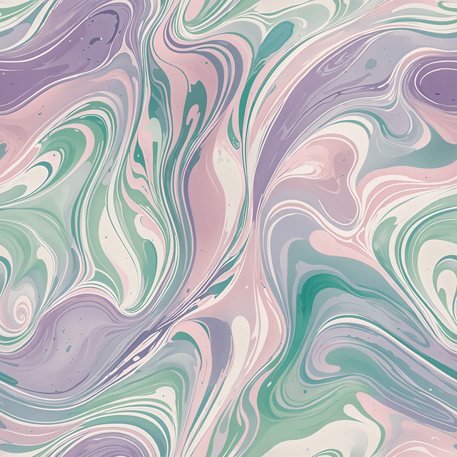 Create an abstract pattern featuring soft pastel swirls reminiscent of water-marbling on paper. Use light, airy colors like pale pink, lavender, mint green, baby blue, and white with white being main color, blending them smoothly to create a fluid, swirling effect. The design should mimic the organic flow of marbled paint, with delicate lines and soft gradients where colors merge seamlessly. Aim for a soothing, ethereal feel, with a subtle sense of depth and layering, making the image appear like a gently swirling, hand-crafted marbled paper texture.