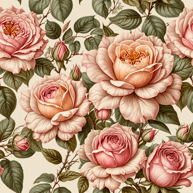 Create a seamless pattern inspired by Victorian botanical illustrations, featuring tea roses in soft pastel shades of pink, peach, and ivory. The roses should be highly detailed with delicate shading, set against a parchment or faded cream background for an antique, romantic feel.