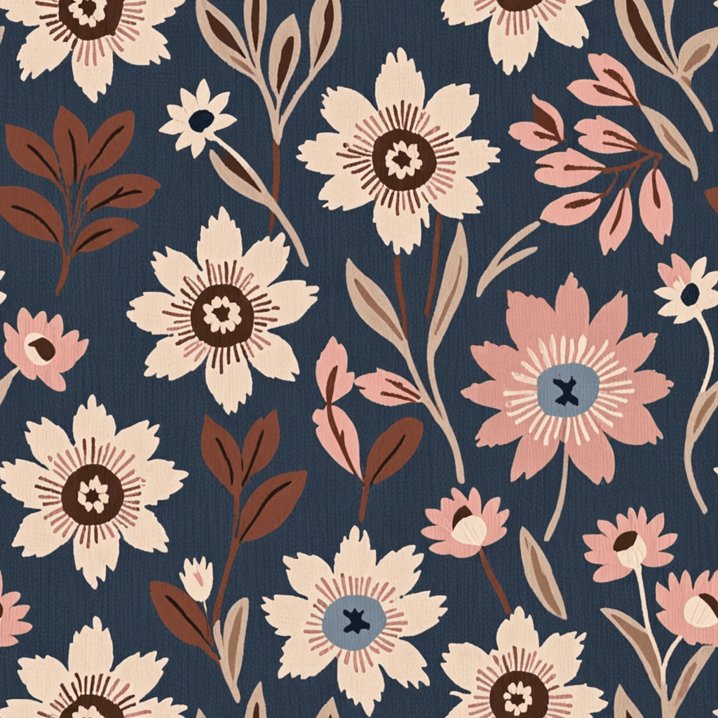Tapestry-style florals in muted indigo, dusky pink, and dark brown form symmetrical bouquets across a warm slate canvas. The pattern is rich and historic, like old woven linen.