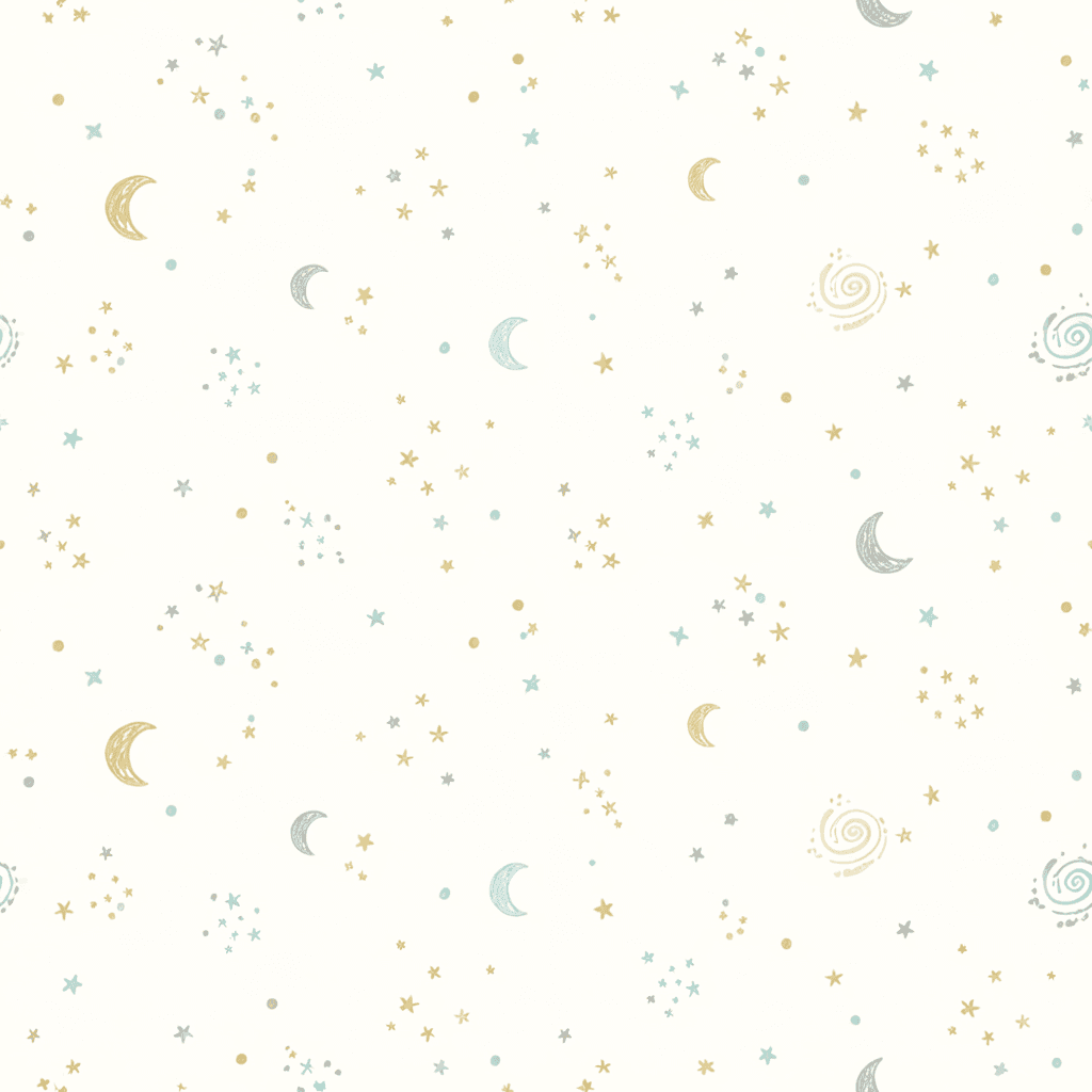 Tiny star and moon pattern with hand-drawn celestial motifs in pale gold, cream, baby blue, and soft gray. The spacing should be balanced and subtle for swaddles and crib sheets.