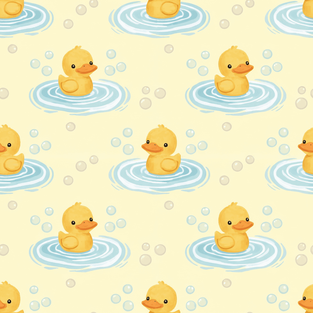 Cute duckling pattern with little yellow ducklings, ripples, and tiny bubbles in pastel yellow, sky blue, white, and beige. The composition should feel playful and perfect for baby towels or bath products.