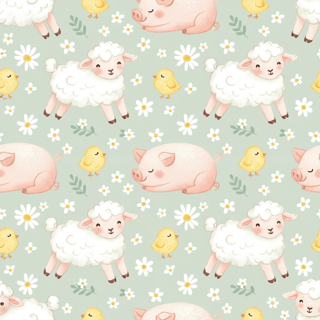 Baby farm animal pattern with lambs, chicks, piglets, and tiny flowers in soft white, pale pink, muted yellow, and sage green. The style should feel sweet and comforting.