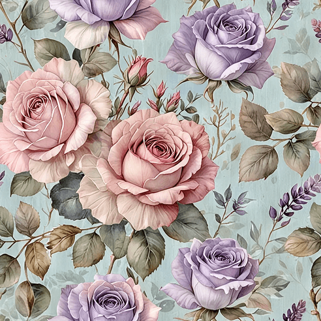 Generate a soft, vintage-style pattern inspired by French country decor. Include light pink and dusty blue roses, pale sage leaves, and scattered sprigs of lavender. Use a soft linen-coloured background and a slightly faded watercolour effect for a chic, rustic charm.