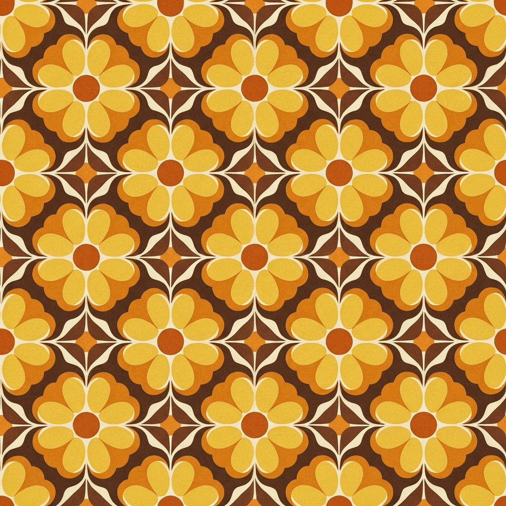 Vintage retro floral pattern featuring oversized daisies and rounded petals in a warm 1970s-inspired palette of mustard yellow, burnt orange, cream, and chocolate brown. The flowers should be evenly spaced with soft symmetrical repetition for a nostalgic wallpaper feel.