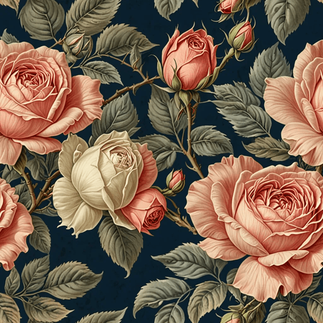 18th-century highly detailed roses with visible brushwork in shades of dusty coral, buttercream, on dark blue background
