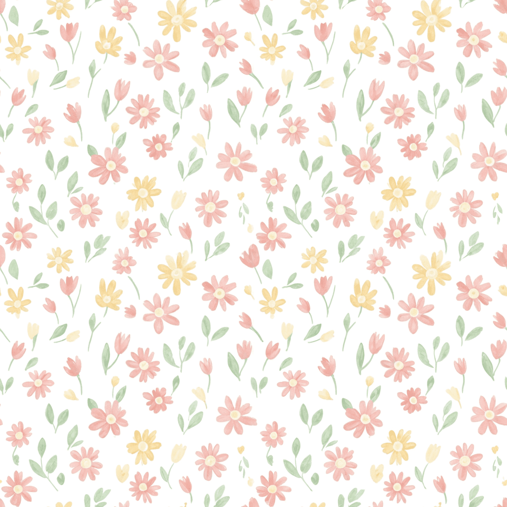 Soft floral nursery pattern with tiny daisies, tulips, and leaves in blush pink, pale sage, buttercream yellow, and ivory. The flowers should be delicate and evenly scattered for baby bedding.