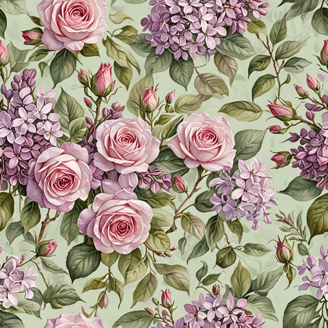 Garden-inspired lilacs and roses entwined in pale blush and sage green, forming a lush, romantic tapestry.