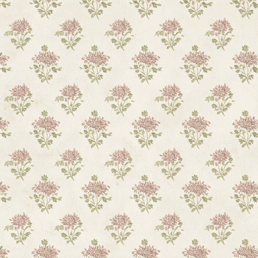 Cottage vintage floral pattern with small repeating chrysanthemums and leafy sprigs in faded mauve, dusty rose, moss green, and soft beige. The texture should resemble aged wallpaper with a delicate nostalgic charm.