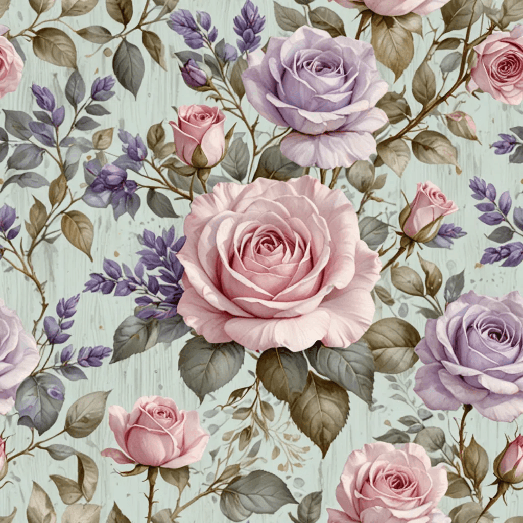 Generate a soft, vintage-style pattern inspired by French country decor. Include light pink and dusty blue roses, pale sage leaves, and scattered sprigs of lavender. Use a soft linen-coloured background and a slightly faded watercolour effect for a chic, rustic charm.