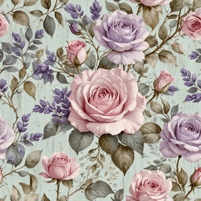 Generate a soft, vintage-style pattern inspired by French country decor. Include light pink and dusty blue roses, pale sage leaves, and scattered sprigs of lavender. Use a soft linen-coloured background and a slightly faded watercolour effect for a chic, rustic charm.