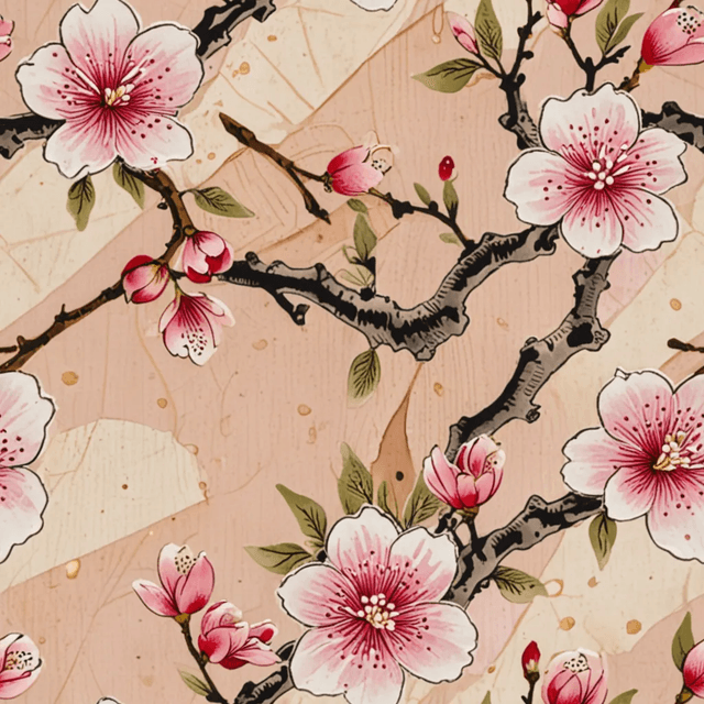 Create a seamless pattern featuring delicate sakura (cherry blossoms) in soft pinks and whites, drifting across a pale sky-blue or cream background. Use thin, elegant branches and subtle gradients to capture the fleeting beauty of spring in a traditional Japanese watercolour style.