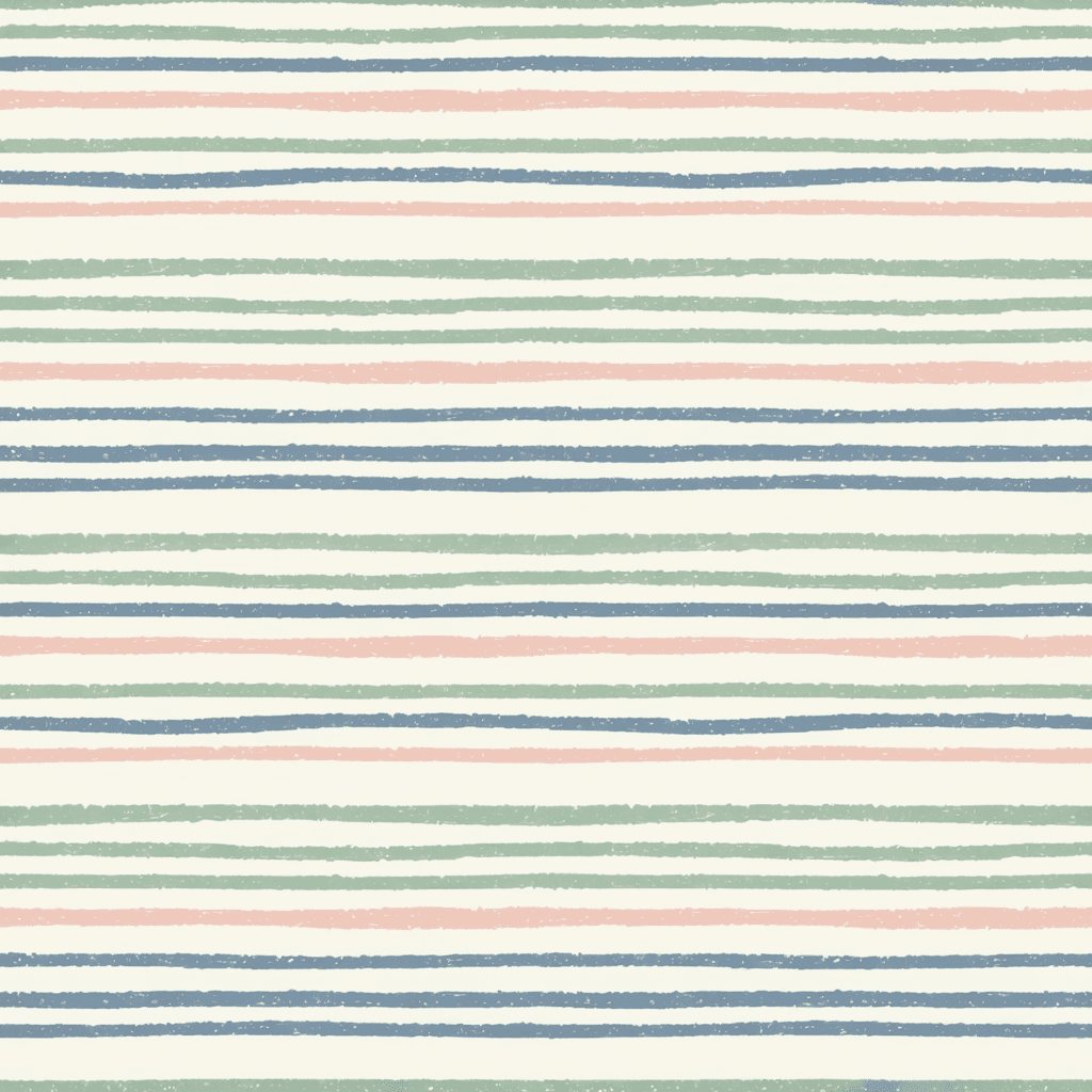 Minimal baby stripe pattern with thin horizontal lines in dusty blue, pale sage, blush pink, and cream. The stripes should be soft and subtle for a clean modern nursery aesthetic.