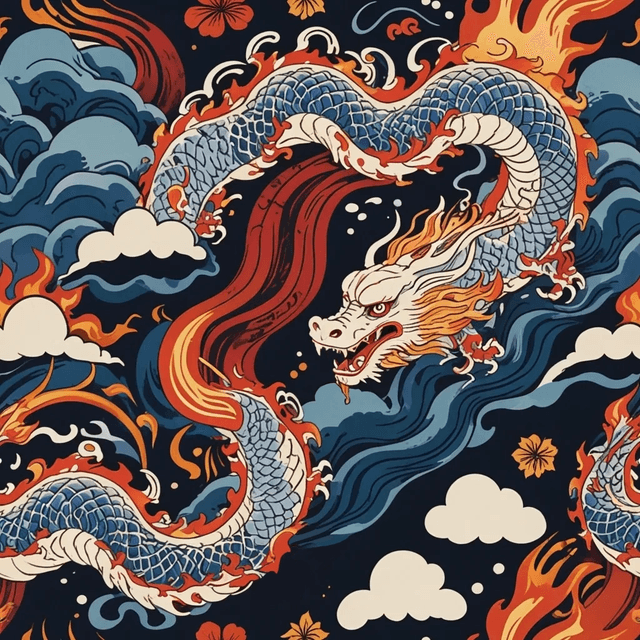 Generate a seamless pattern featuring traditional Japanese dragons intertwined with stylised clouds and flames. Use bold, flowing linework in reds, golds, and charcoal black on a parchment background. The dragons should be elegant and detailed, reflecting classic Ukiyo-e influence.