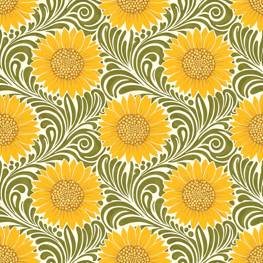 Retro botanical bloom pattern with layered sunflowers and stylized leaves in golden yellow, sienna, olive, and muted cream. The floral heads should feel bold and graphic while maintaining a vintage softness.