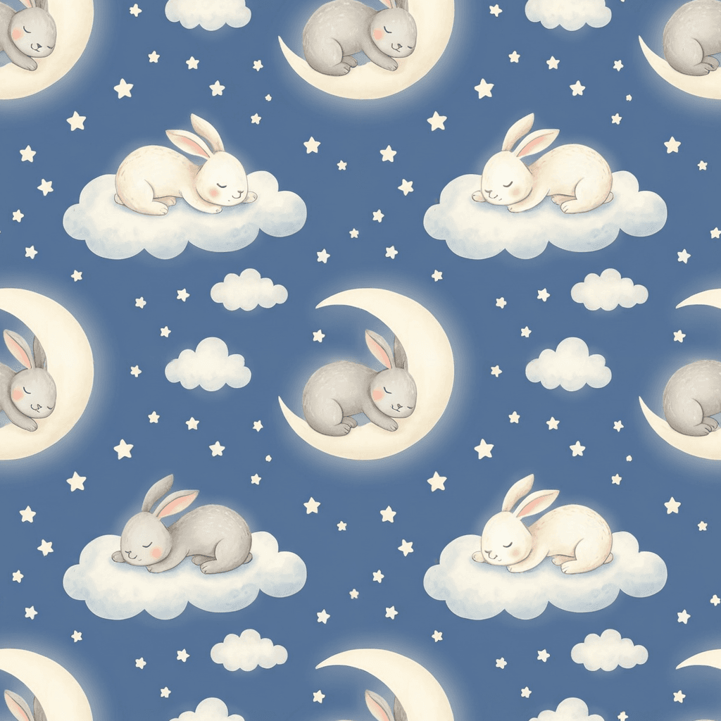 Cozy moonlit bunny pattern with sleeping rabbits, stars, and tiny clouds in soft gray, cream, baby blue, and blush. The repeating layout should feel peaceful and bedtime-friendly.