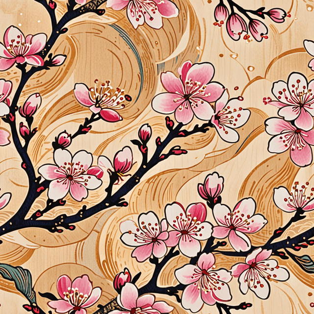 Create a seamless pattern featuring delicate sakura (cherry blossoms) in soft pinks and whites, drifting across a pale sky-blue or cream background. Use thin, elegant branches and subtle gradients to capture the fleeting beauty of spring in a traditional Japanese watercolour style.