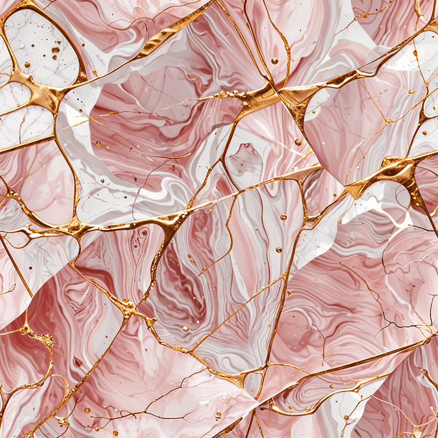 Create a luxurious abstract marbling pattern inspired by rose quartz crystals. Use soft blush pinks and translucent whites with fine gold veining throughout. The look should be elegant, feminine, and perfect for high-end branding or stationery.