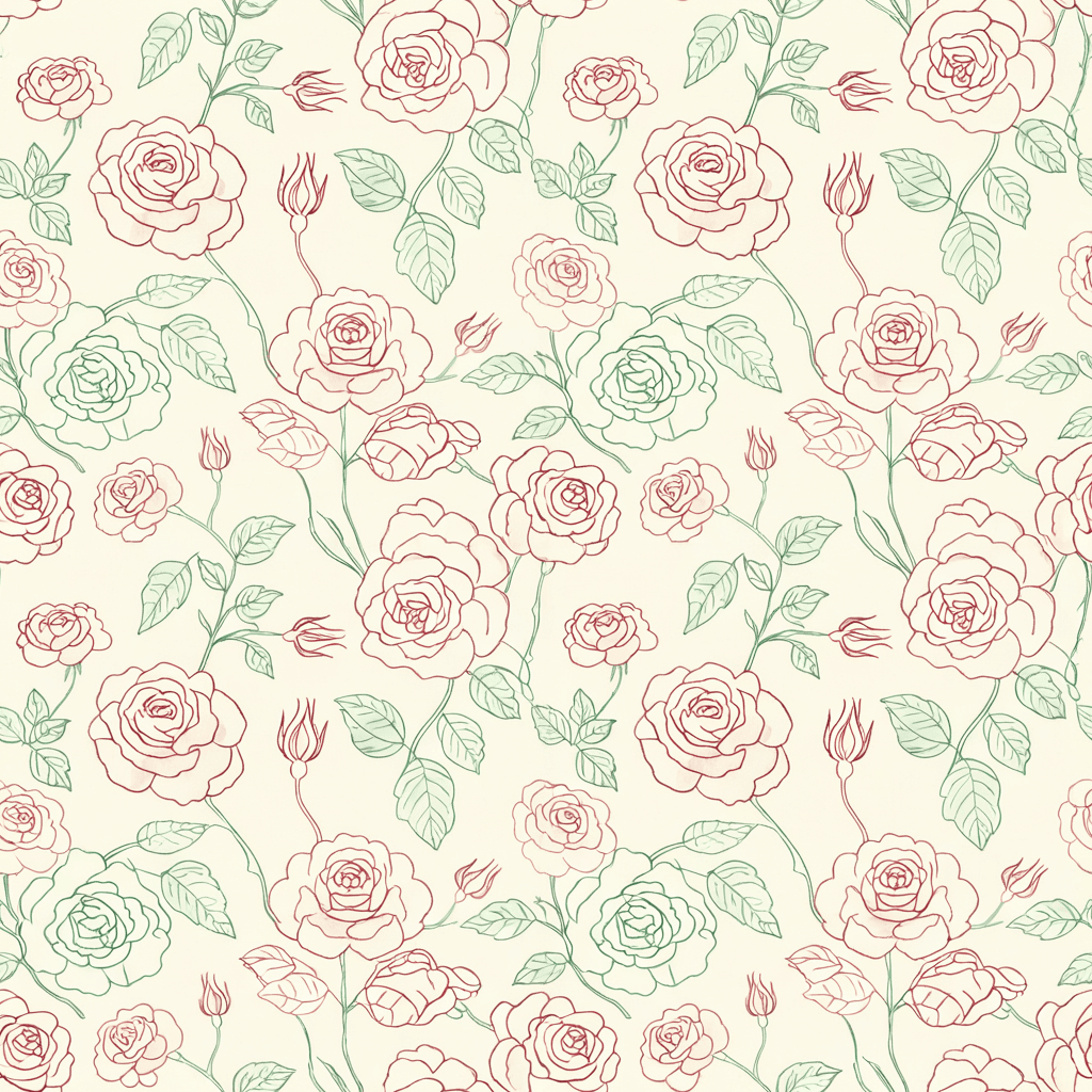 Vintage floral sketch pattern with blooming roses, buds, and trailing vines drawn in coloured pencil and lightly tinted with watercolor. The palette should include faded crimson, antique pink, and moss green, arranged in a harmonious, repeating composition.